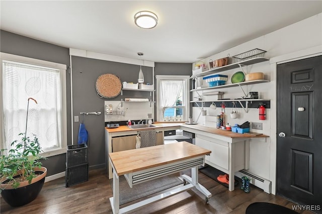 228 Potomac Ave, Buffalo, NY 14213 - kitchen featuring open shelves, wooden counters, dark wood finished floors, and an office area