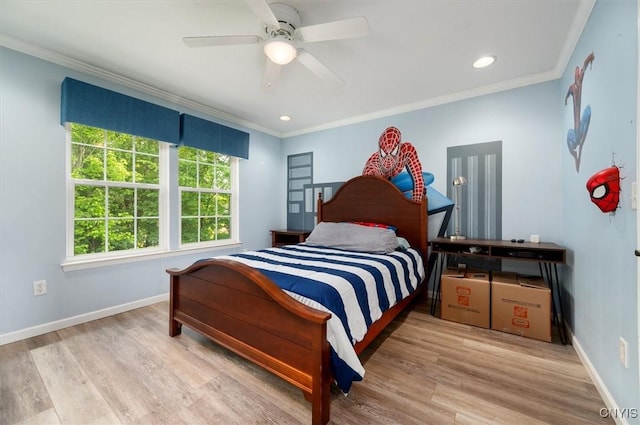 8278 Luchsinger Ln, Lysander, NY 13027 - bedroom featuring crown molding, wood finished floors, ceiling fan, and recessed lighting
