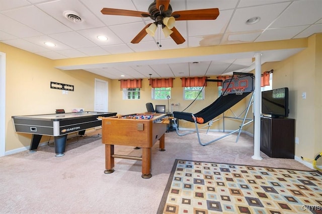 8278 Luchsinger Ln, Lysander, NY 13027 - playroom featuring carpet flooring, a drop ceiling, ceiling fan, and recessed lighting