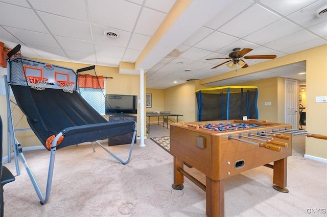 8278 Luchsinger Ln, Lysander, NY 13027 - game room featuring carpet, a paneled ceiling, and a ceiling fan