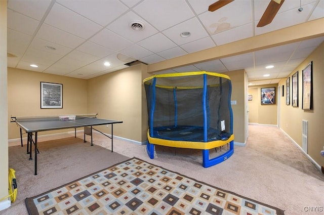 8278 Luchsinger Ln, Lysander, NY 13027 - rec room with carpet floors, a drop ceiling, recessed lighting, and a ceiling fan