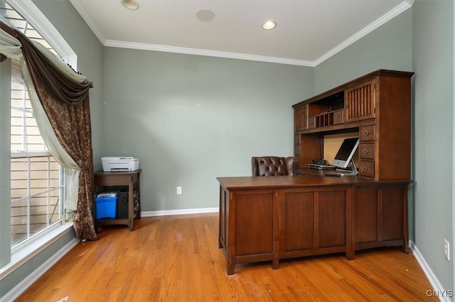 8278 Luchsinger Ln, Lysander, NY 13027 - office space with light wood-style flooring, ornamental molding, and recessed lighting