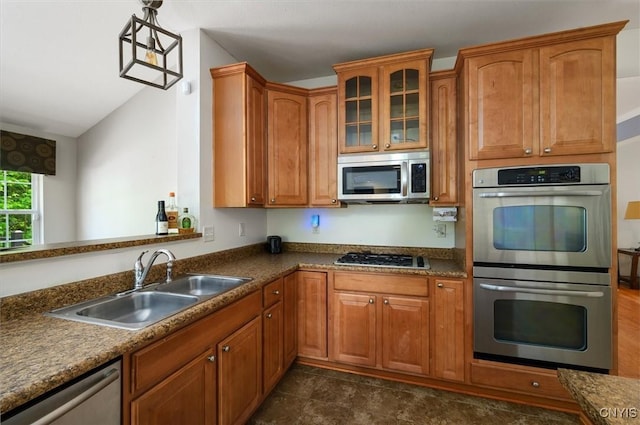 8278 Luchsinger Ln, Lysander, NY 13027 - kitchen with stainless steel appliances, glass insert cabinets, brown cabinetry, and lofted ceiling