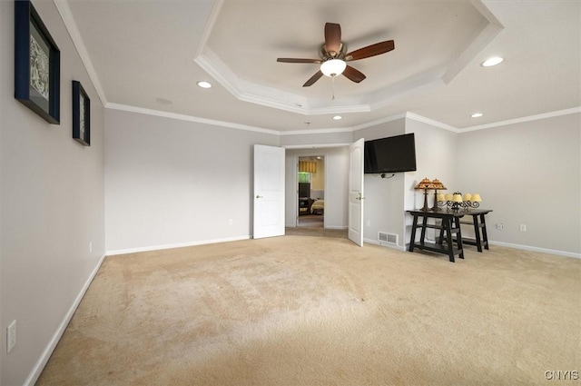 8278 Luchsinger Ln, Lysander, NY 13027 - unfurnished room featuring a tray ceiling, recessed lighting, a ceiling fan, light colored carpet, and crown molding