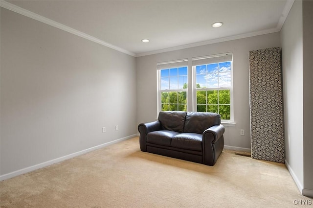 8278 Luchsinger Ln, Lysander, NY 13027 - living area with light carpet, recessed lighting, and crown molding