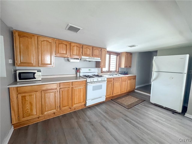 73 Groton Ave Unit 69-71, Cortland, NY 13045 - kitchen featuring white appliances, under cabinet range hood, wood finished floors, and light countertops