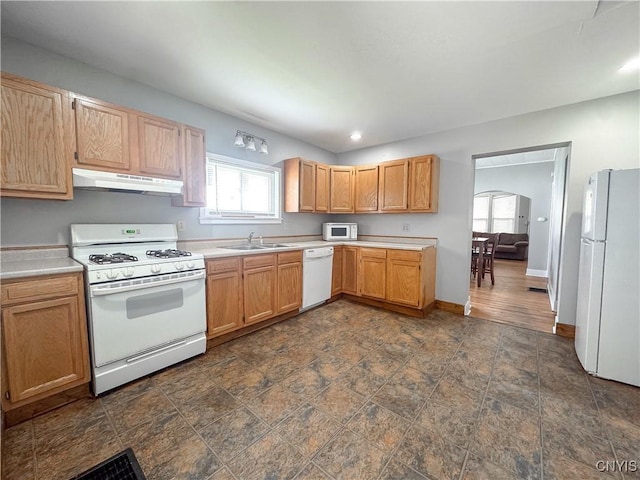 73 Groton Ave Unit 69-71, Cortland, NY 13045 - kitchen with white appliances, under cabinet range hood, plenty of natural light, light countertops, and recessed lighting