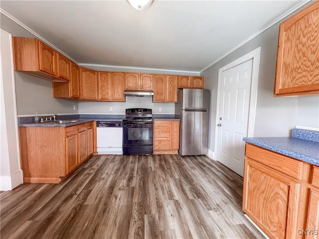 66 Groton Ave, Cortland, NY 13045 - kitchen featuring freestanding refrigerator, black electric range, dishwasher, under cabinet range hood, and ornamental molding