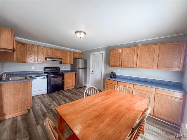 66 Groton Ave, Cortland, NY 13045 - kitchen featuring black electric range oven, white dishwasher, freestanding refrigerator, crown molding, and dark wood-style floors