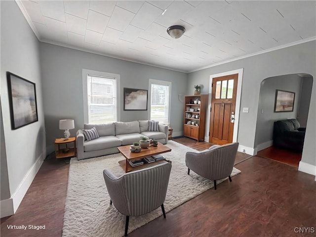 66 Groton Ave, Cortland, NY 13045 - living area featuring crown molding, wood finished floors, and arched walkways