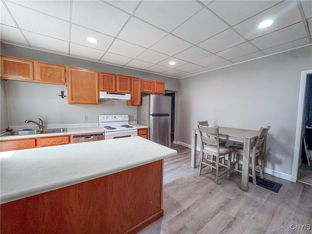 63 Groton Ave, Cortland, NY 13045 - kitchen featuring appliances with stainless steel finishes, under cabinet range hood, light countertops, light wood-style floors, and brown cabinets