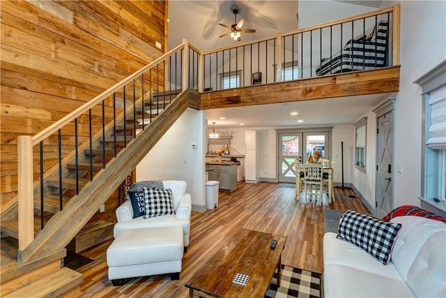 109 Unadilla Trail Rd, Pittsfield, NY 13411 - living area featuring a high ceiling, stairs, a ceiling fan, wood finished floors, and recessed lighting