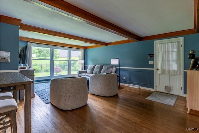 368 Northfield Way, Camillus, NY 13031 - living room featuring beamed ceiling, wood finished floors, and wainscoting