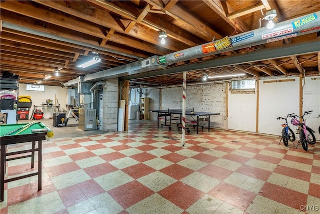 368 Northfield Way, Camillus, NY 13031 - below grade area with tile patterned floors, billiards table, and heating unit