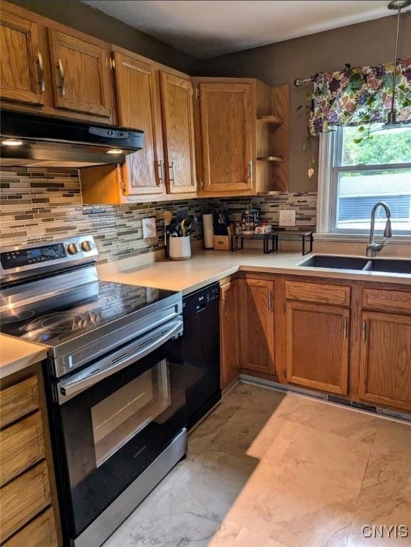 538 Seneca St, Oneida-Inside, NY 13421 - kitchen featuring stainless steel range with electric cooktop, under cabinet range hood, dishwasher, light countertops, and tasteful backsplash