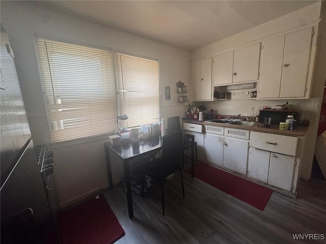 79 Freund St, Buffalo, NY 14215 - kitchen with dark wood-style flooring, white cabinetry, and dishwasher