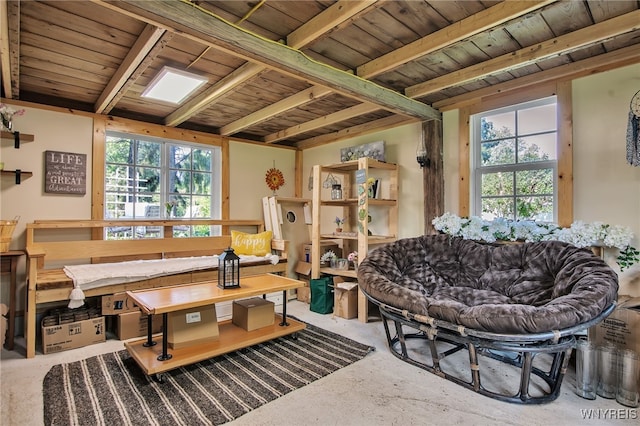 17 E Ave, Leroy, NY 14482 - sitting room with plenty of natural light, wooden ceiling, and unfinished concrete flooring