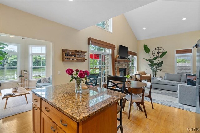 84 Krystyna Ln Unit 6, Cato, NY 13080 - kitchen with open floor plan, light wood-type flooring, a fireplace, light stone countertops, and high vaulted ceiling