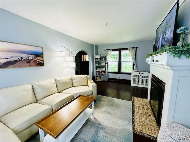 300 Hillsdale Ave, Syracuse, NY 13206 - living room with arched walkways, hardwood / wood-style flooring, and a glass covered fireplace
