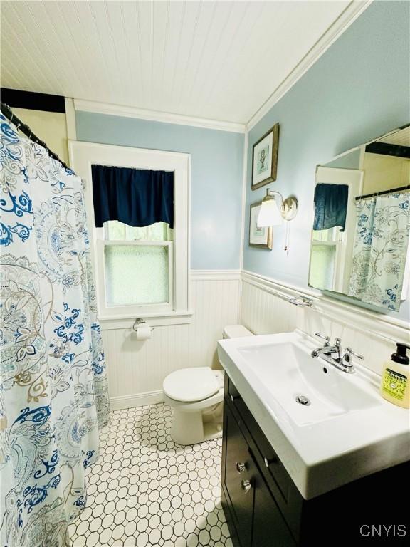 300 Hillsdale Ave, Syracuse, NY 13206 - full bathroom featuring vanity, wainscoting, ornamental molding, and curtained shower