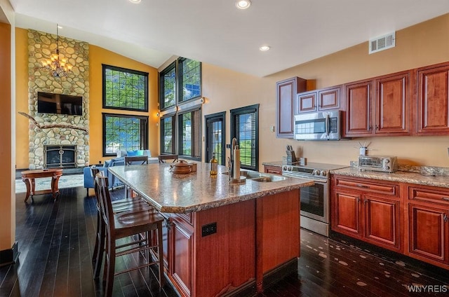 2300 Washington Ave, Wilson, NY 14172 - kitchen featuring stainless steel appliances, dark wood-style flooring, lofted ceiling, an island with sink, and a fireplace
