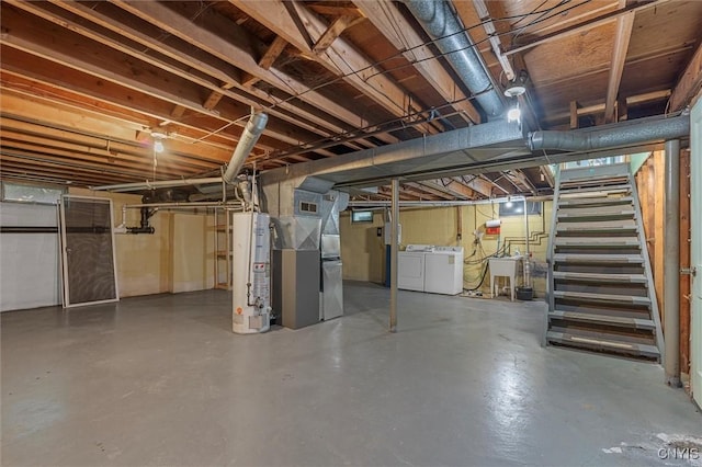 130 Hillcrest Rd, Onondaga, NY 13219 - unfinished basement featuring independent washer and dryer, gas water heater, heating unit, and stairs