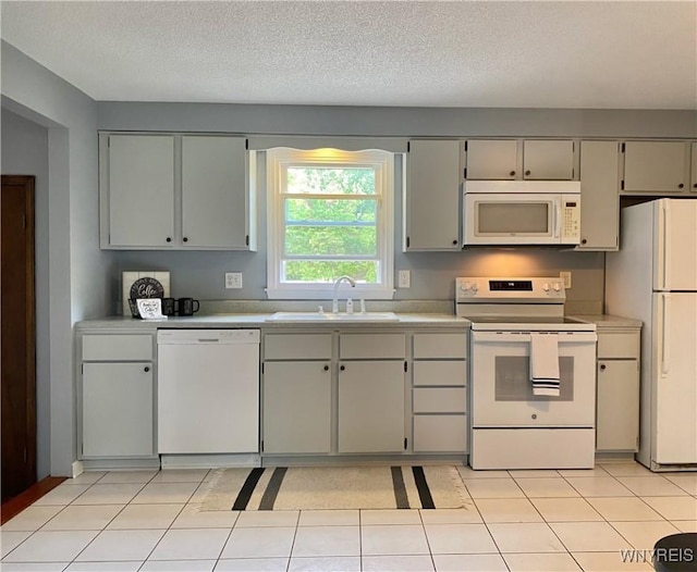 790 Mohawk St, Lewiston, NY 14092 - kitchen with white appliances, light countertops, gray cabinetry, and a textured ceiling