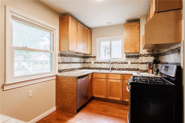 2092 Titus Ave, Irondequoit, NY 14622 - kitchen featuring stainless steel appliances, light wood-style floors, light countertops, tasteful backsplash, and custom exhaust hood