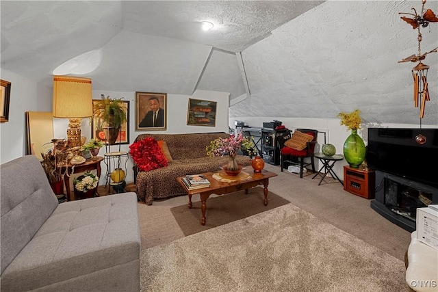 108 Phillips Rd, Syracuse, NY 13214 - carpeted living area with vaulted ceiling and a textured ceiling