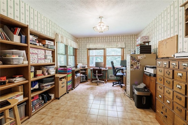 745 Maple Dr, Webster, NY 14580 - office featuring wallpapered walls, a chandelier, and a textured ceiling