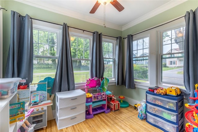434 Crossfield Rd, Irondequoit, NY 14609 - game room featuring crown molding, wood finished floors, healthy amount of natural light, and a ceiling fan