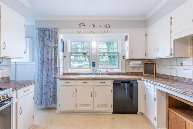 434 Crossfield Rd, Irondequoit, NY 14609 - kitchen with black dishwasher, ornamental molding, decorative backsplash, and white cabinetry