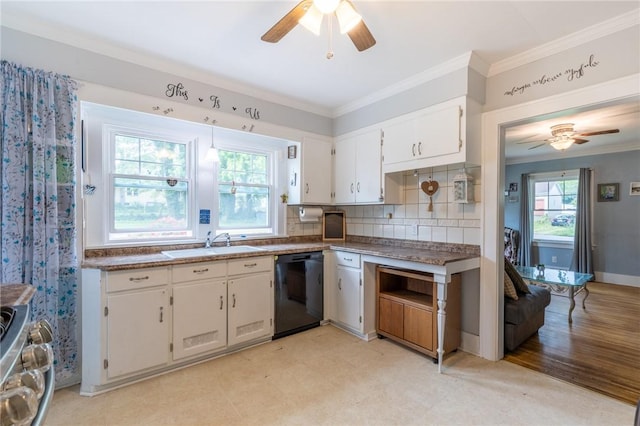 434 Crossfield Rd, Irondequoit, NY 14609 - kitchen with dishwasher, a ceiling fan, crown molding, white cabinetry, and stainless steel gas range oven