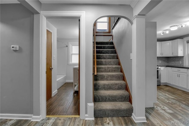 25 Cresthaven Dr, Cheektowaga, NY 14225 - stairs featuring wood finished floors and baseboards