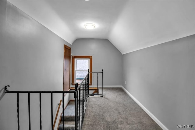 25 Cresthaven Dr, Cheektowaga, NY 14225 - stairway featuring lofted ceiling and carpet