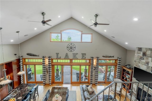 32 Coblesub Rd, West Monroe, NY 13036 - living area with a ceiling fan, high vaulted ceiling, wood finished floors, and recessed lighting