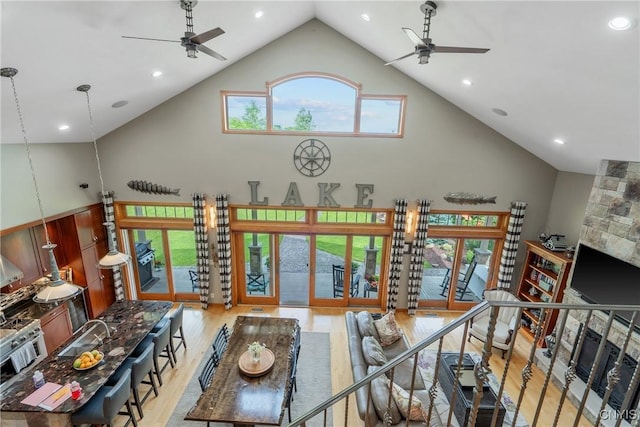 32 Coblesub Rd, West Monroe, NY 13036 - living area featuring ceiling fan, high vaulted ceiling, wood finished floors, and recessed lighting