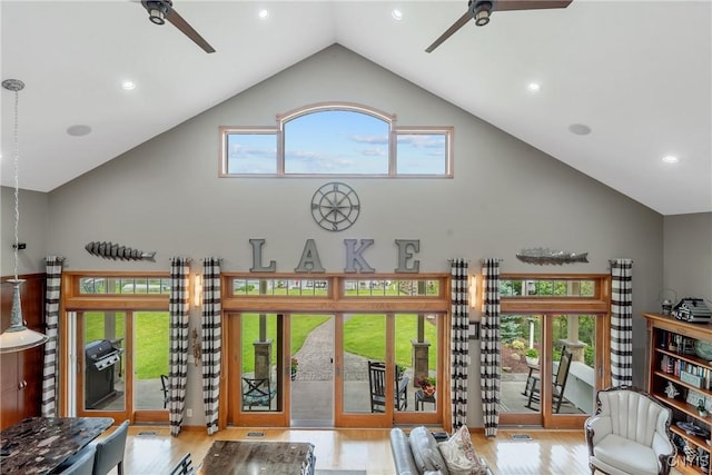 32 Coblesub Rd, West Monroe, NY 13036 - living area featuring ceiling fan, high vaulted ceiling, wood finished floors, and recessed lighting