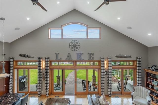 32 Coblesub Rd, West Monroe, NY 13036 - living area featuring ceiling fan, high vaulted ceiling, wood finished floors, and recessed lighting