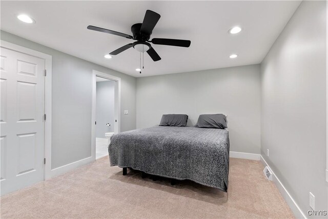 7446 Collamer Rd, Manlius, NY 13057 - bedroom with light colored carpet, recessed lighting, ceiling fan, and connected bathroom