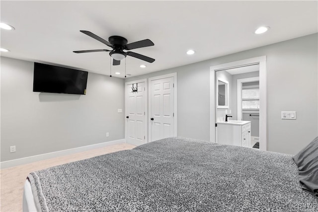 7446 Collamer Rd, Manlius, NY 13057 - bedroom featuring recessed lighting, light colored carpet, connected bathroom, and ceiling fan