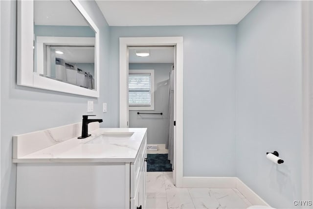 7446 Collamer Rd, Manlius, NY 13057 - full bathroom with marble look tiles, vanity, and a shower with shower curtain