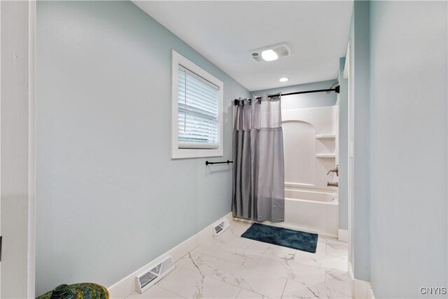7446 Collamer Rd, Manlius, NY 13057 - bathroom with shower / bath combination with curtain and marble look tiles