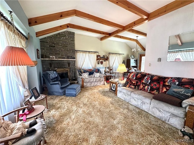 9718 Pearson Rd, Hartland, NY 14105 - living area featuring carpet floors, a brick fireplace, and a chandelier