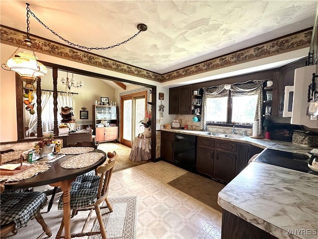 9718 Pearson Rd, Hartland, NY 14105 - kitchen with black dishwasher, vaulted ceiling, dark brown cabinetry, light countertops, and open shelves