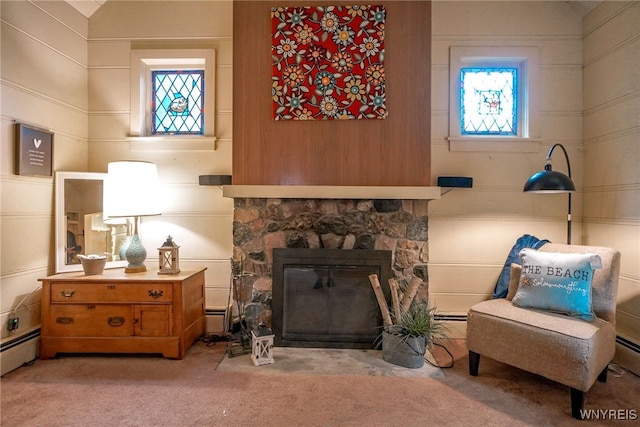 711 Sandy Ave, Evans, NY 14006 - living room with carpet flooring, a fireplace, and baseboard heating