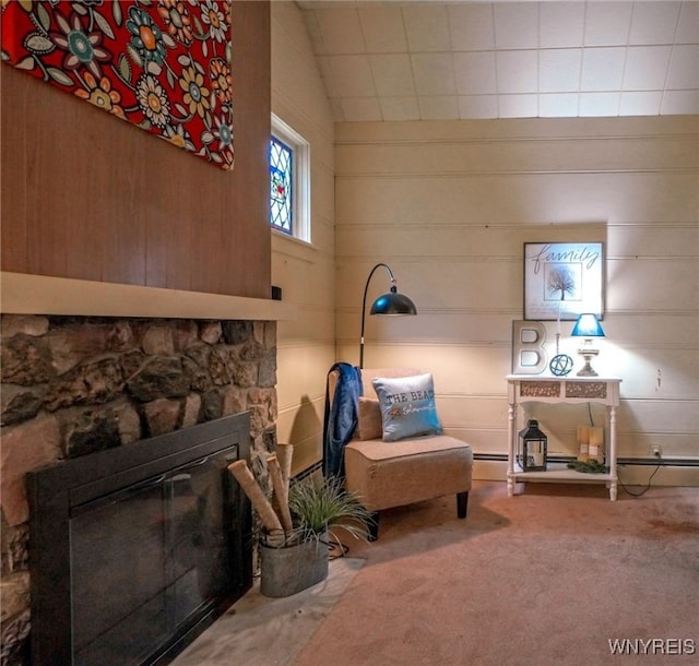 711 Sandy Ave, Evans, NY 14006 - living area featuring a fireplace, carpet floors, and lofted ceiling