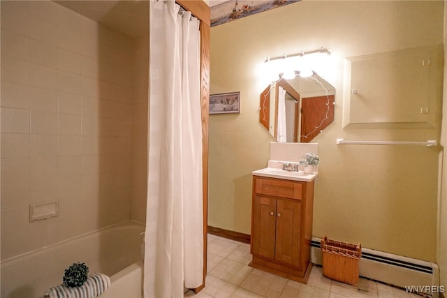 711 Sandy Ave, Evans, NY 14006 - full bath with vanity, shower / bath combination with curtain, and baseboard heating