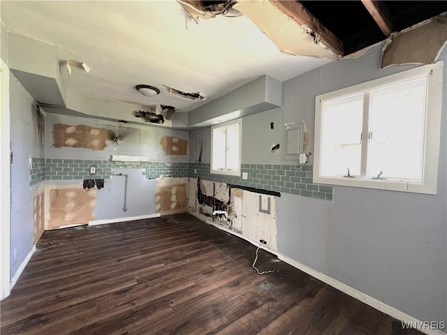 69 Steele Cir, Niagara, NY 14304 - kitchen with dark wood-type flooring, backsplash, and white cabinets
