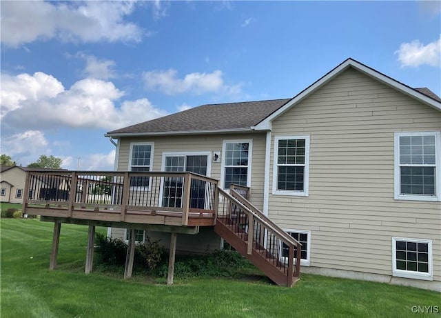 165 Shaker Hts, Camillus, NY 13031 - rear view of house with a deck, a lawn, stairs, and roof with shingles